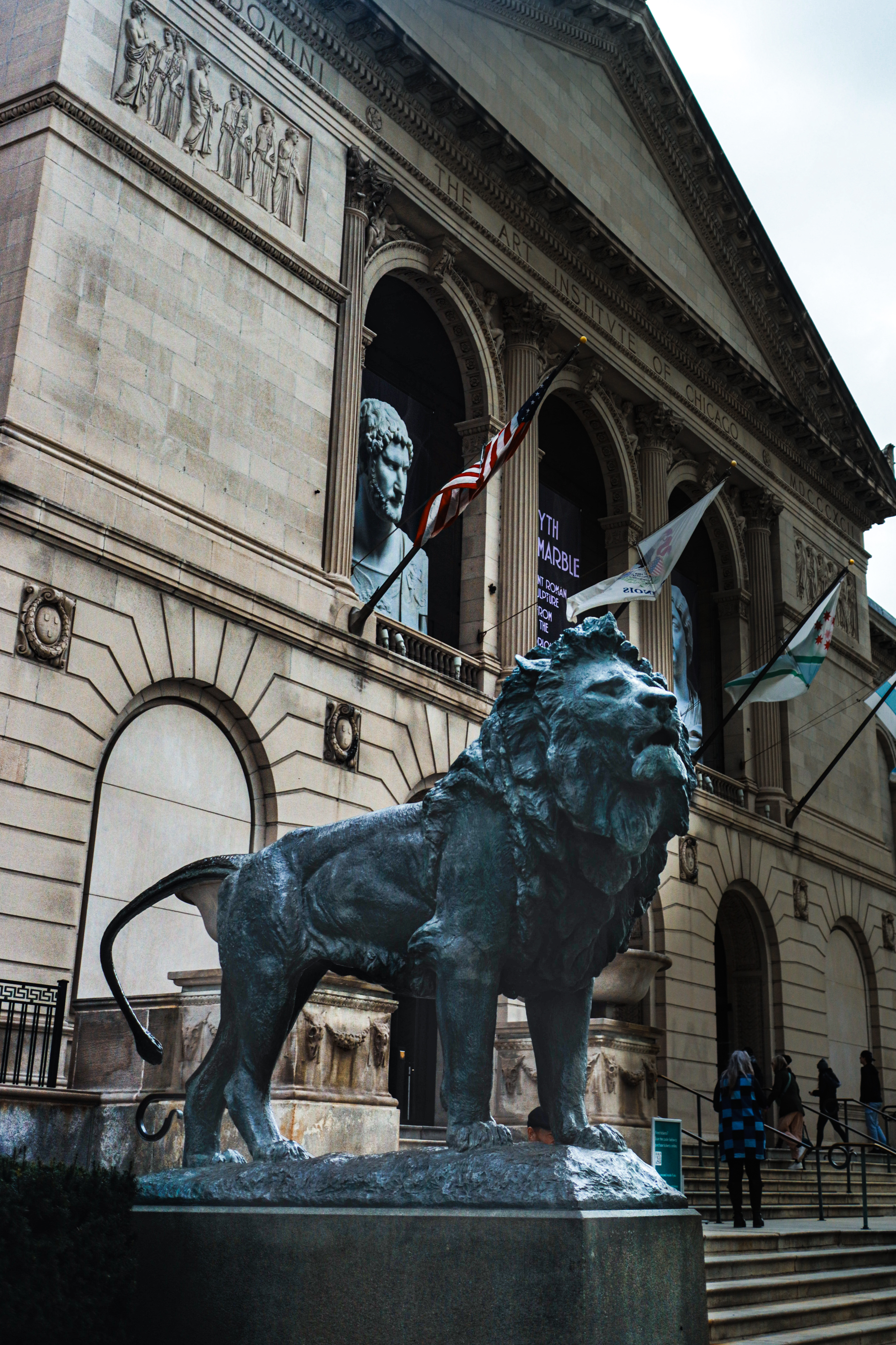 Bronze lion on the south entrance steps of the Art Institute of Chicago