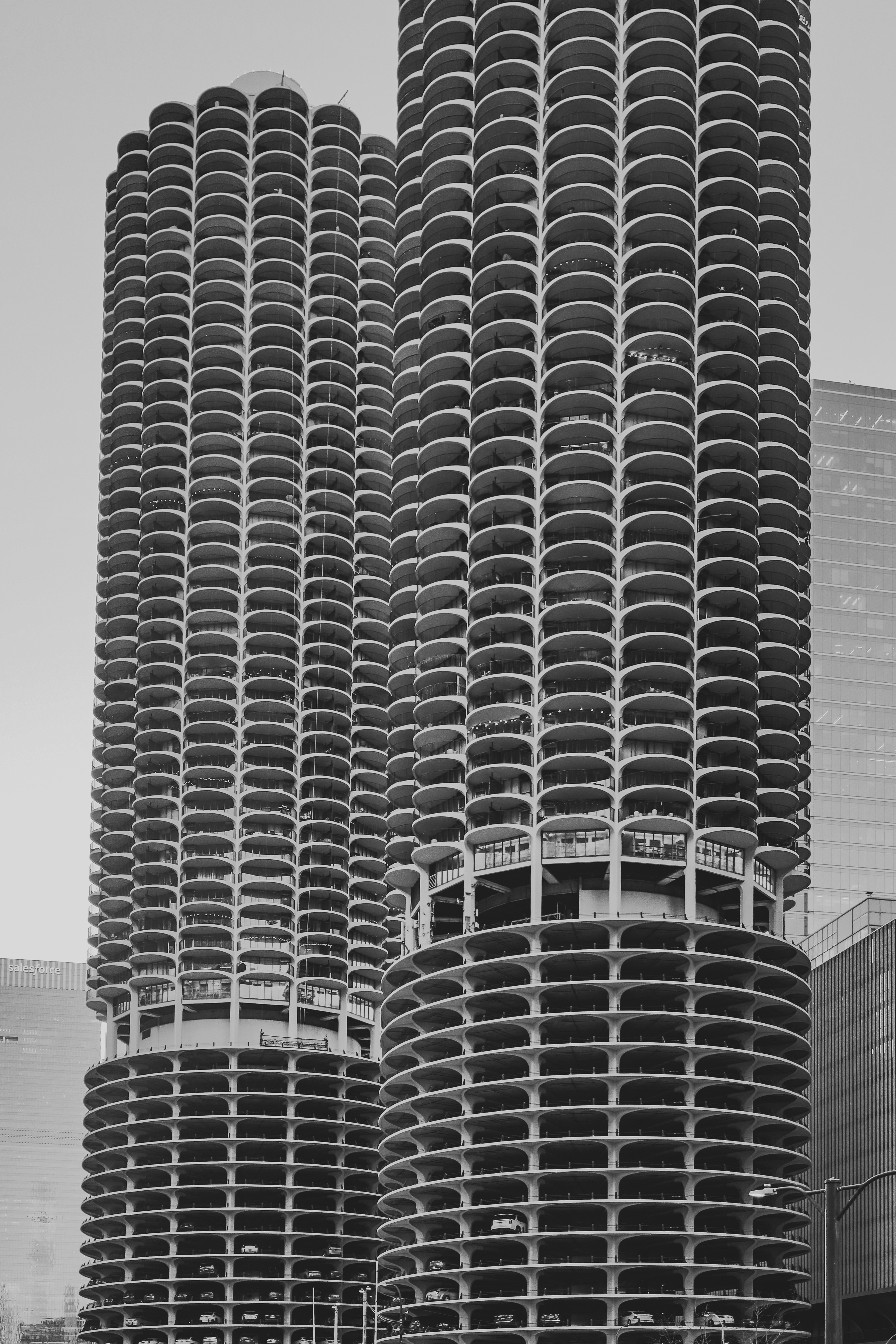 Marina City towers in black and white — Goldberg's twin corncob icons